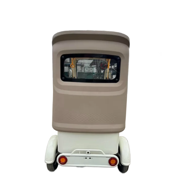 Rear view of enclosed electric passenger tricycle with compact body and rear panel design