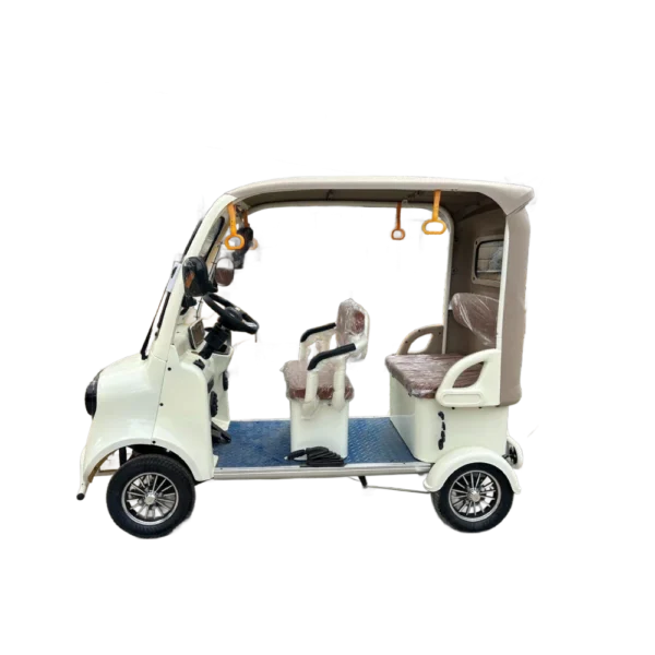 Side view of enclosed electric passenger tricycle with door opening and seating layout