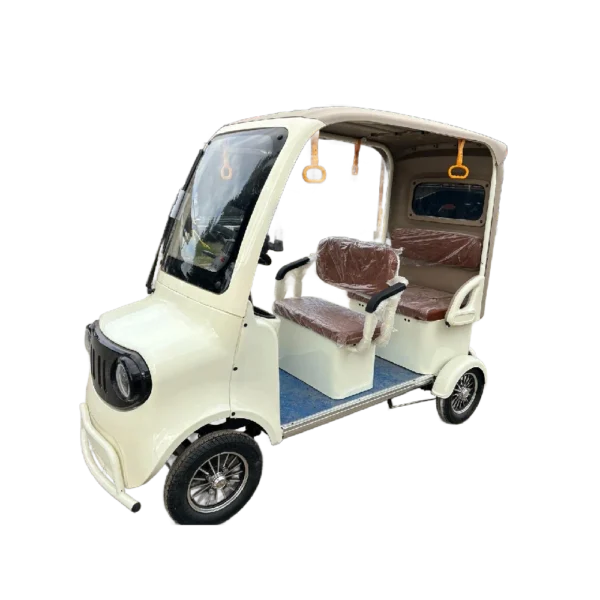 Beige electric passenger tricycle with enclosed cabin and compact modern design