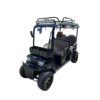 Front angled view of black electric tricycle with windshield and elevated roof structure
