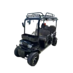 Front angled view of black electric tricycle with windshield and elevated roof structure