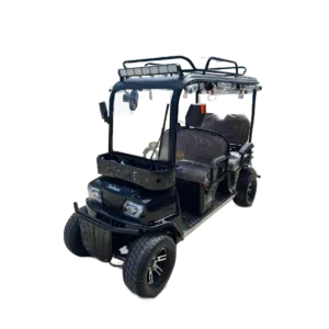 Front angled view of black electric tricycle with windshield and elevated roof structure