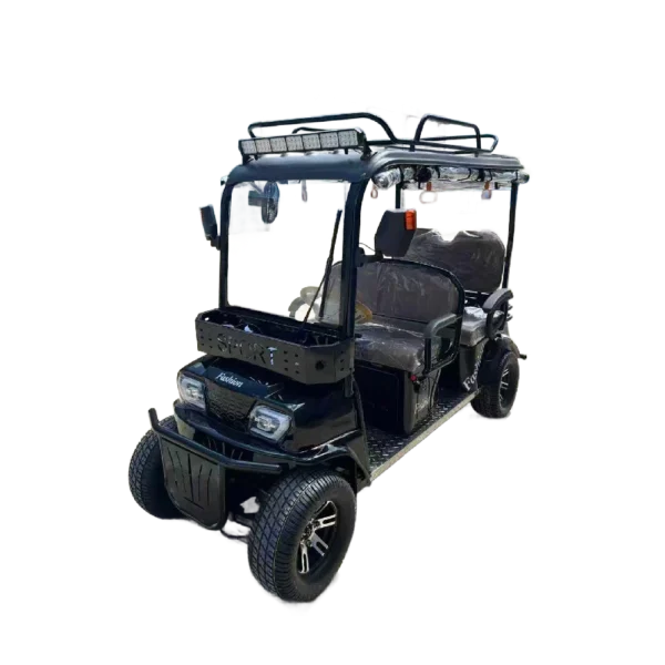 Front angled view of black electric tricycle with windshield and elevated roof structure