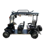 Side view of electric passenger tricycle with open seating and canopy roof design