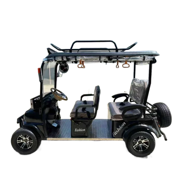 Side view of electric passenger tricycle with open seating and canopy roof design