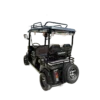Rear angled view of black electric passenger tricycle with spare tire and roof rack