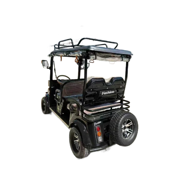 Rear angled view of black electric passenger tricycle with spare tire and roof rack