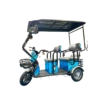 Angled view of electric passenger tricycle with open frame and passenger capacity