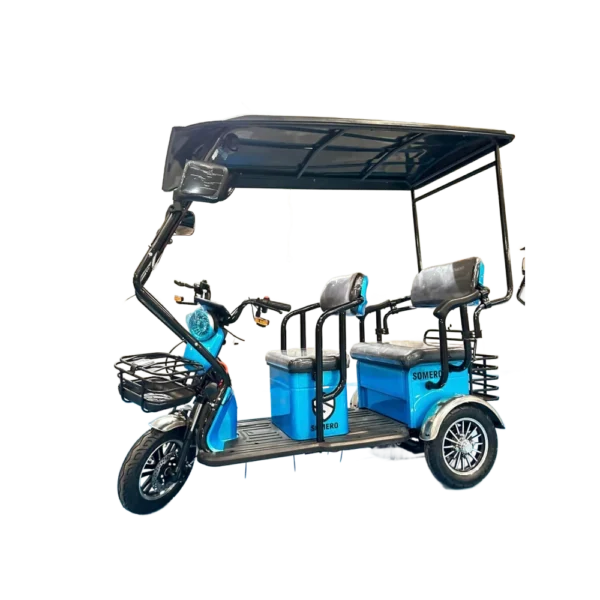 Angled view of electric passenger tricycle with open frame and passenger capacity
