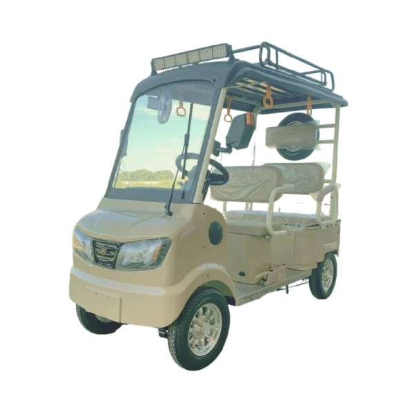 Beige electric passenger tricycle with enclosed cabin and comfortable seating setup