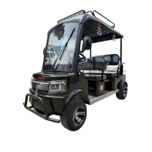 Black electric tricycle with roof canopy and compact passenger transport design