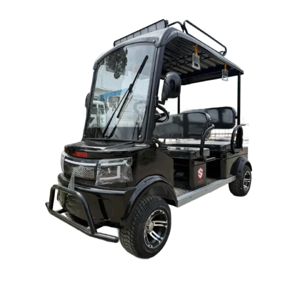 Black electric tricycle with roof canopy and compact passenger transport design