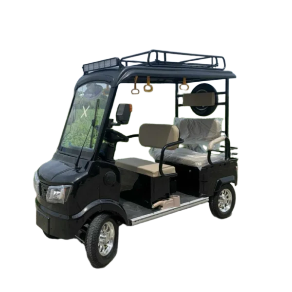 Black electric passenger tricycle with roof frame and multi-passenger seating layout