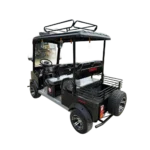 Black electric passenger tricycle with rear cargo platform and spare wheel setup