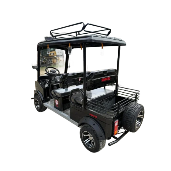 Black electric passenger tricycle with rear cargo platform and spare wheel setup