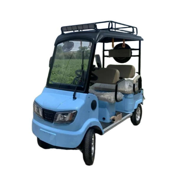 Blue electric tricycle with passenger seating and modern urban mobility design