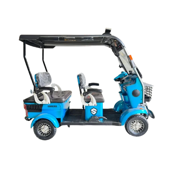 Blue electric passenger tricycle with roof and compact design for transport operations