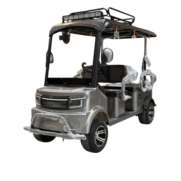 Gray electric tricycle with passenger seating and durable roof frame structure