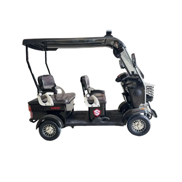 Black electric passenger tricycle with roof and compact design for transport operations