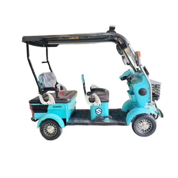 Light Blue electric tricycle with passenger seats and lightweight canopy for urban mobility