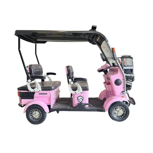 Pink electric passenger tricycle with canopy roof and multi-passenger seating setup