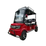 Red electric tricycle with enclosed front cabin and modern body design