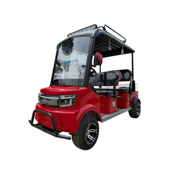 Red electric tricycle with enclosed front cabin and modern body design
