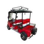 Red electric passenger tricycle rear section with utility rack and canopy frame