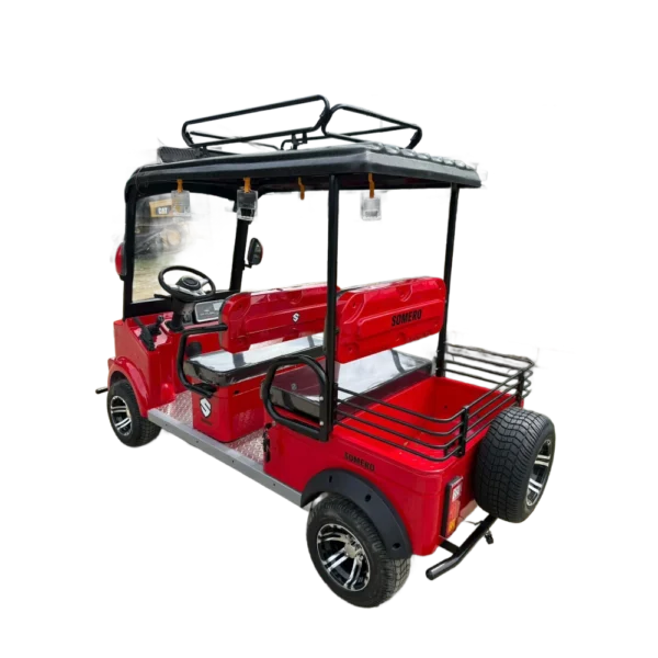 Red electric passenger tricycle rear section with utility rack and canopy frame