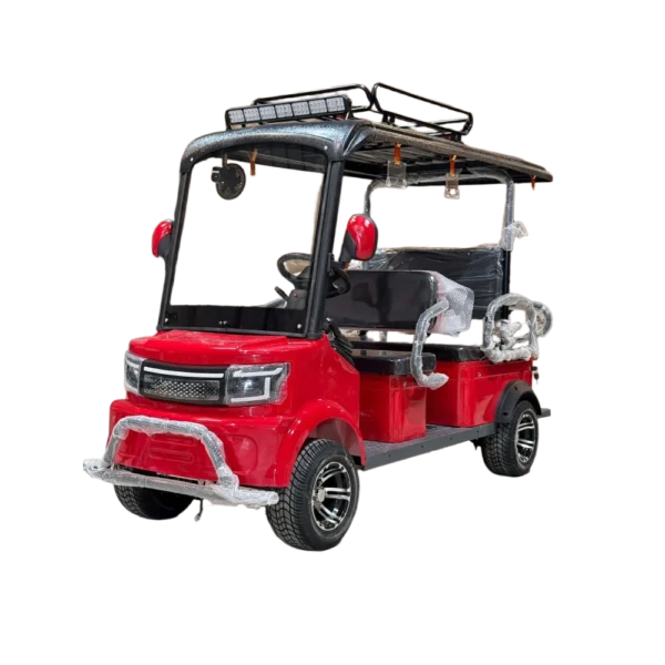 Red electric passenger tricycle with canopy roof and modern front body styling