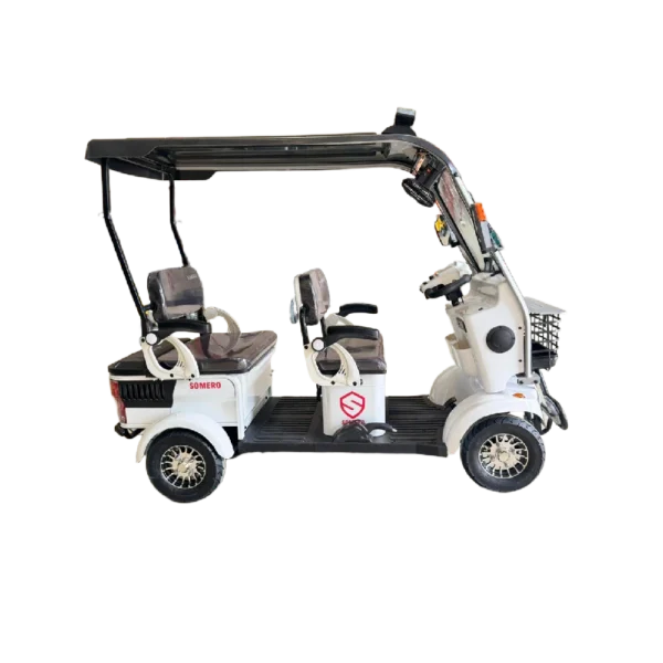 Electric tricycle with dual passenger seats and roof frame for everyday transport use