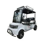 Front view of white electric tricycle with windshield and roof rack design