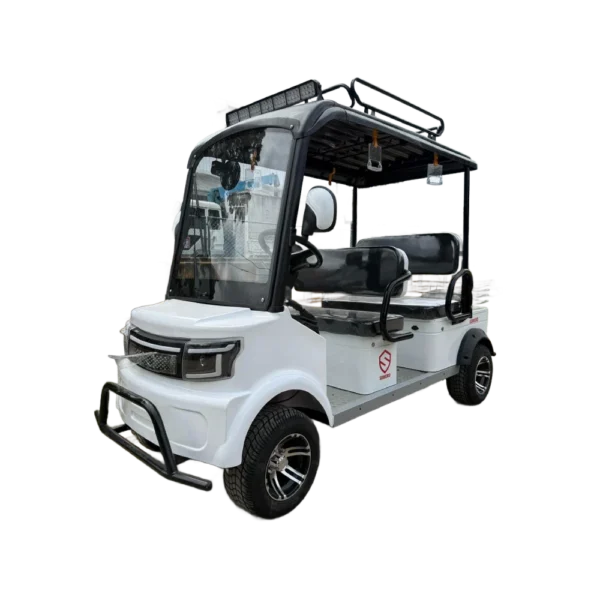 Front view of white electric tricycle with windshield and roof rack design