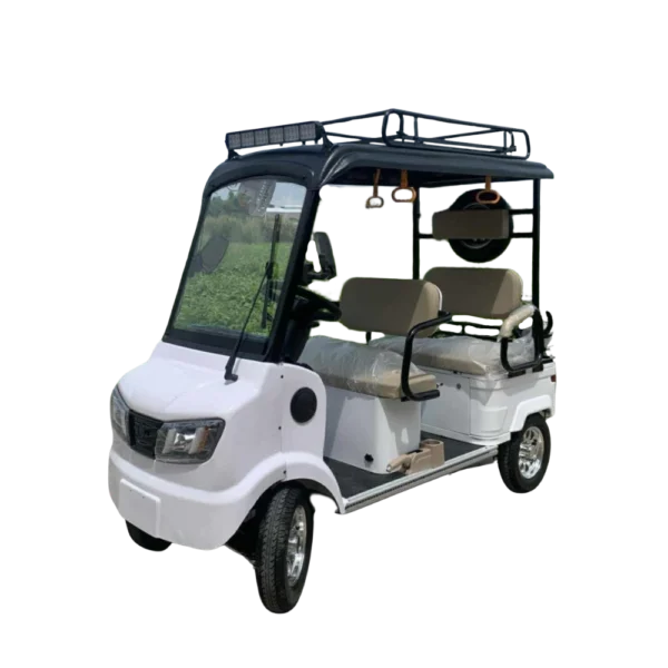 White four-wheel electric passenger tricycle with roof and compact transport design