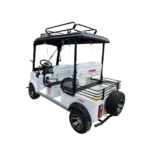 Rear angled view of white electric passenger tricycle with cargo rack and spare tire