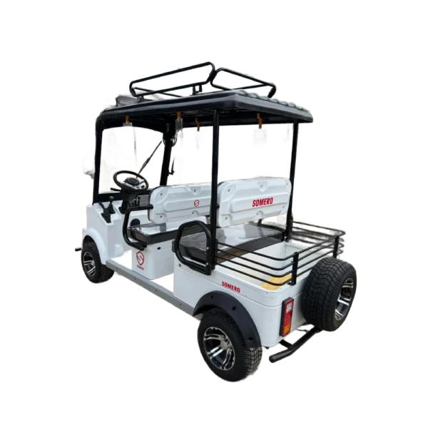 Rear angled view of white electric passenger tricycle with cargo rack and spare tire