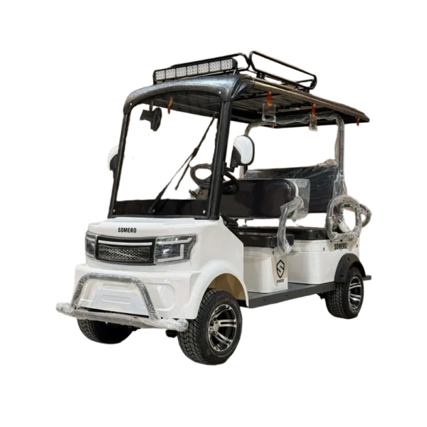 White electric passenger tricycle with roof rack and front cabin design for daily transport