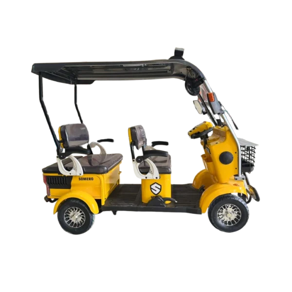 Yellow electric passenger tricycle with roof canopy and compact city transport design