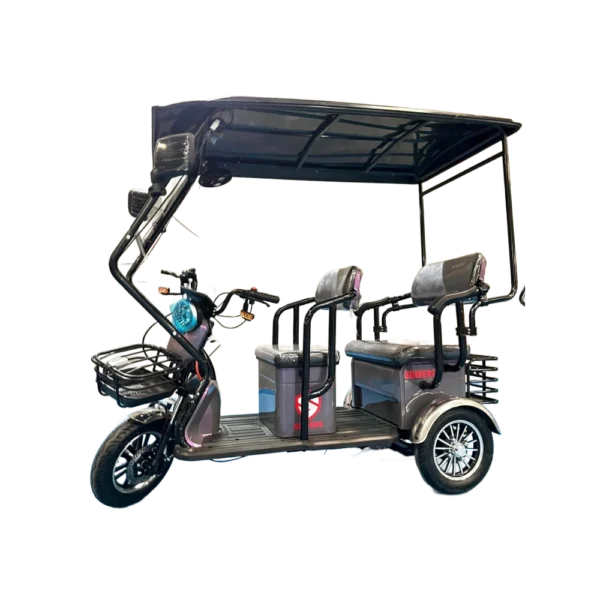 Gray electric passenger tricycle with canopy roof and transport seating layout