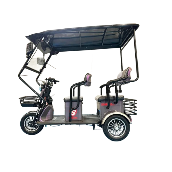 Gray electric tricycle with extended roof and multi-passenger seating design