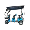 Blue electric passenger tricycle with open seating configuration and roof canopy