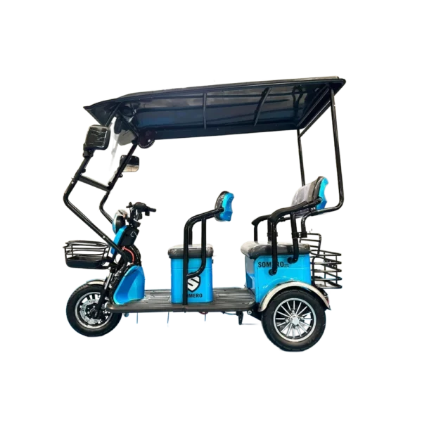 Blue electric passenger tricycle with open seating configuration and roof canopy