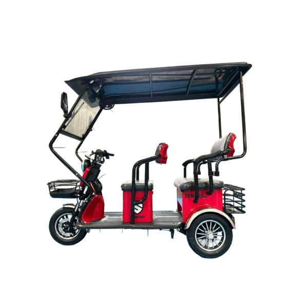 Side profile of electric tricycle with canopy roof and multiple passenger seating