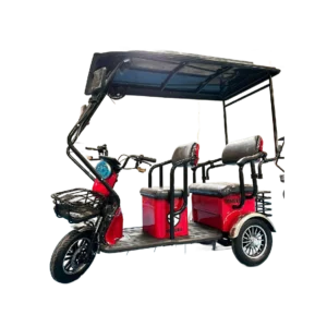 Red electric passenger tricycle with extended canopy and multi-seat passenger layout