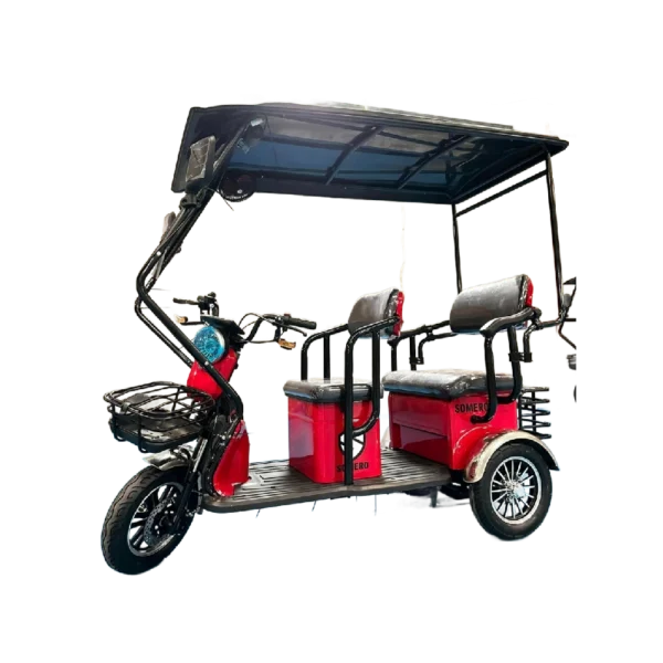 Red electric passenger tricycle with extended canopy and multi-seat passenger layout