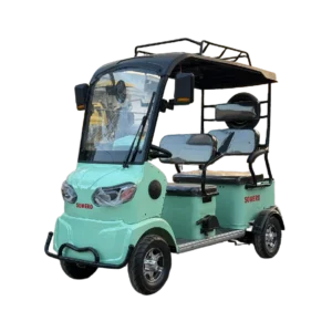Green electric passenger tricycle with enclosed front cabin and modern design
