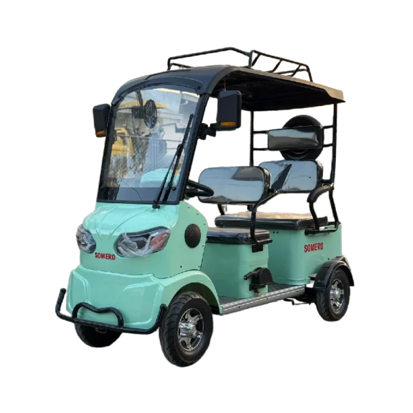 Green electric passenger tricycle with enclosed front cabin and modern design