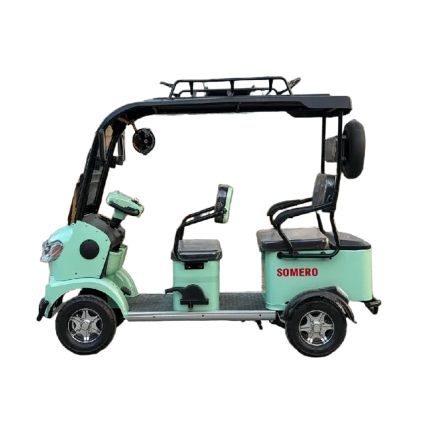 Side profile of green electric passenger tricycle with canopy frame and seating area