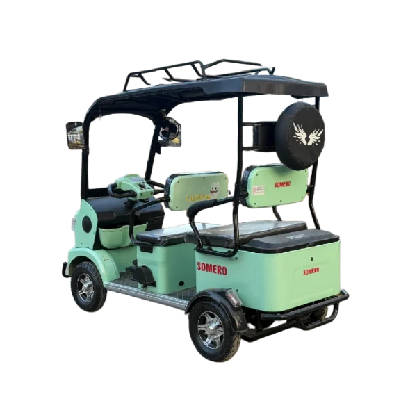 Green electric tricycle with rear spare tire and passenger seating configuration