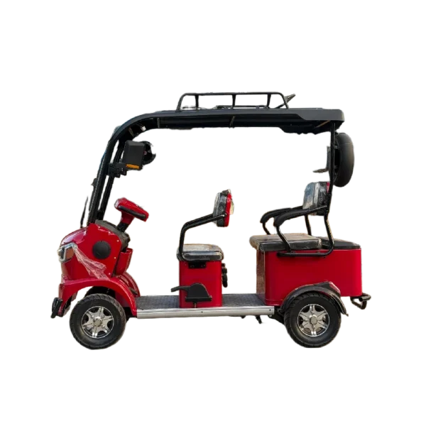 Open layout electric passenger tricycle with bench seating and roof frame design